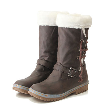 Bottes femmes à faible talon plat fourrure neige mi-mollet lacent